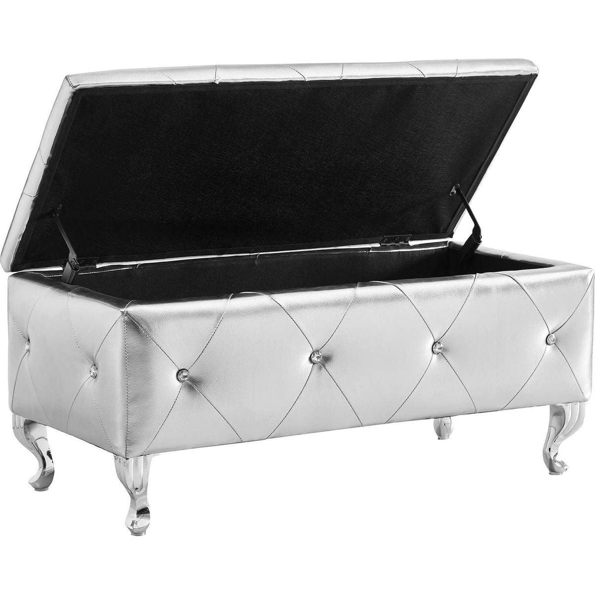 Upholstered Storage Ottoman Bench For Bedroom End Of Bed Faux Leather Rectangular Storage Benches Footrest With Crystal Buttons For Living Room Entryway (Silver)