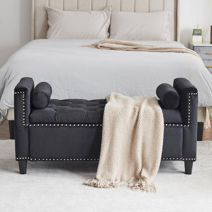 Storage Bench, 44.5-Inch Queen Velvet Button Bedside Bench, Entryway Living Room with Armrests, Nailhead Trim, Upholstered Bedroom Bench, Bedside Ottoman, Living Room, Entryway, Black