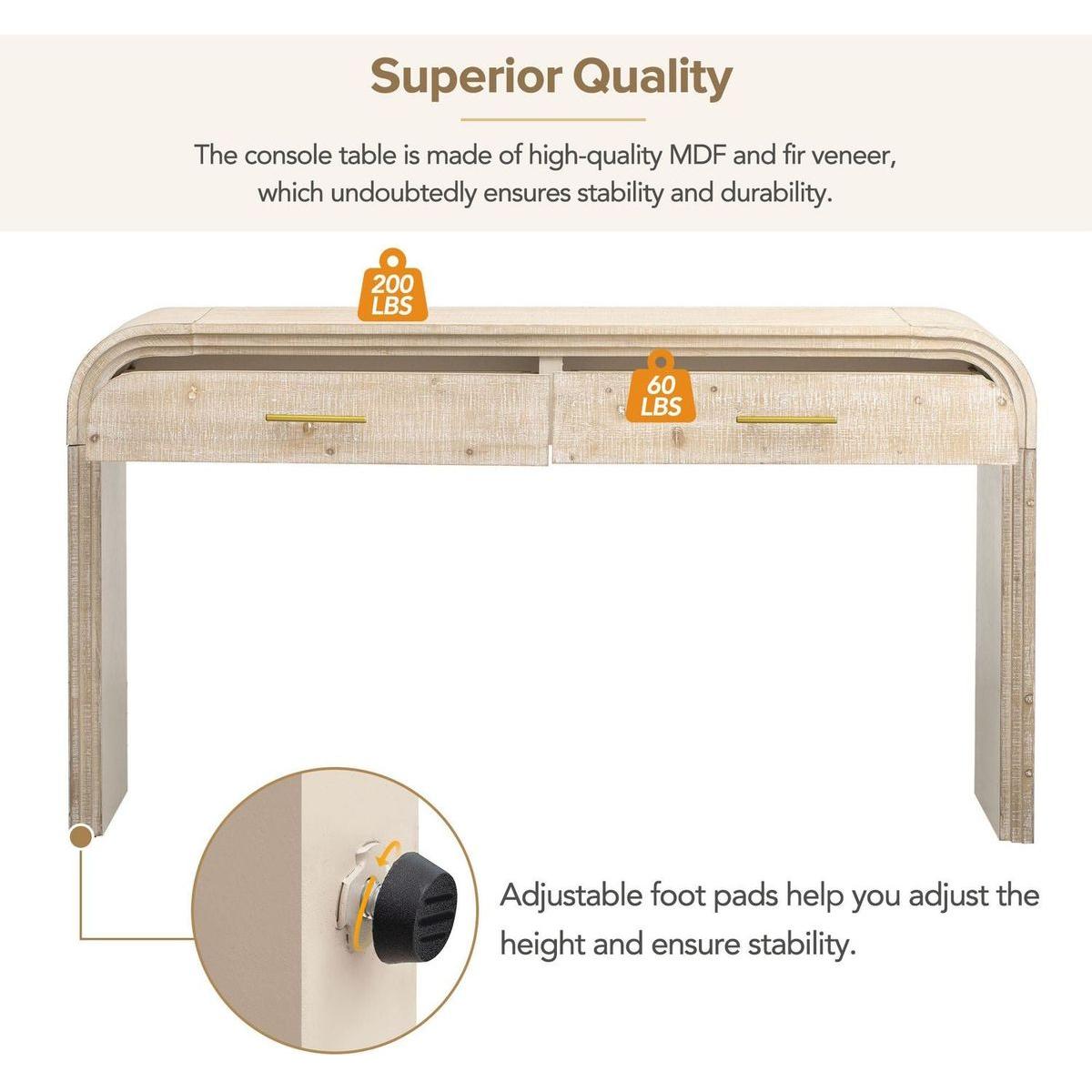 Unique Retro Silhouette Console Table with Open Style, Two Top Drawers for Entrance, Dining Room, Living Room (Natural Wood Wash)