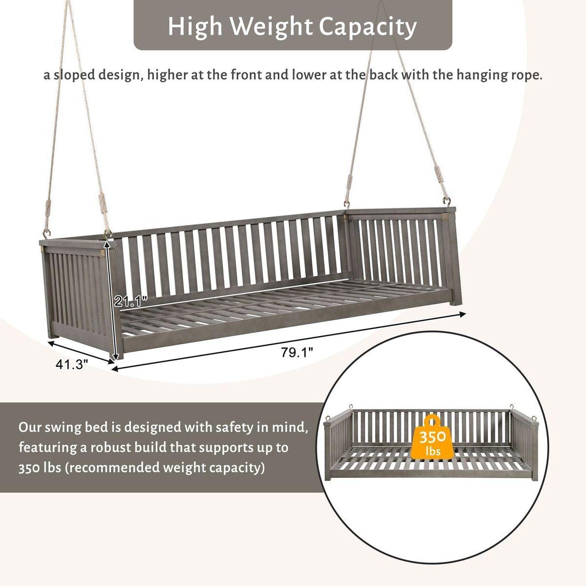 Patio Minimalist Twin Size Garden Swing Bed Wood Porch Swing with Ropes for Backyard, Safe Sloped Design, Gray