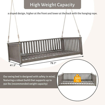 Patio Minimalist Twin Size Garden Swing Bed Wood Porch Swing with Ropes for Backyard, Safe Sloped Design, Gray