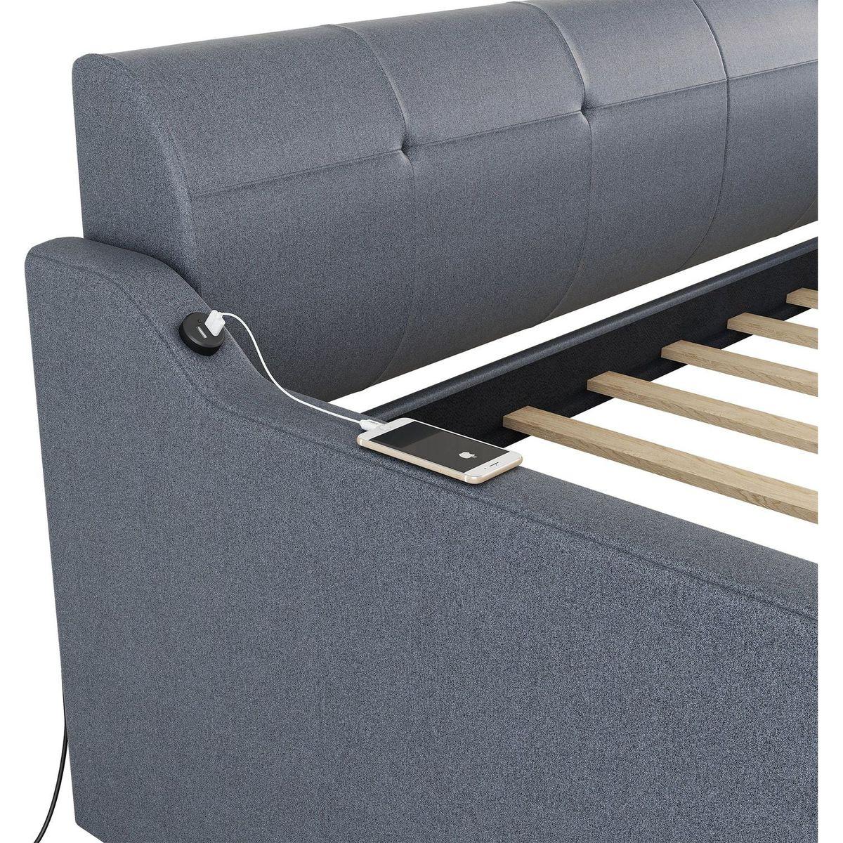 Twin Size Upholstery DayBed with Trundle and USB Charging Design,Trundle can be flat or erected,Gray