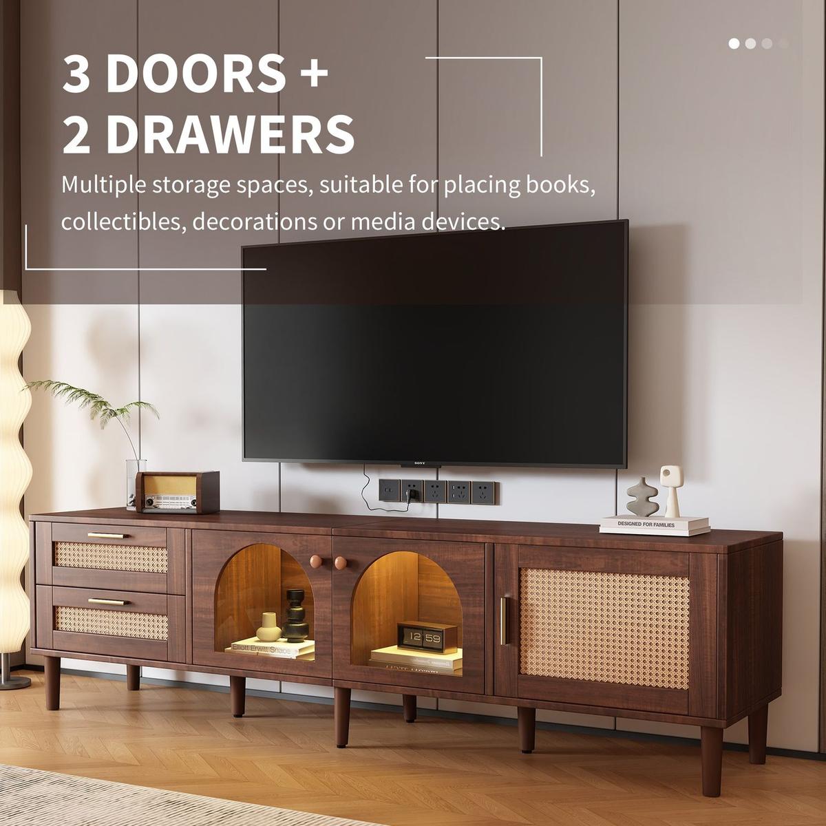 Rattan TV Stand with 3 Cabinets & 2 Drawers, Rattan-inspired Media Console Table for TVs up to 80", LED Light Entertainment Center, TV cabinet for Living room, Bedroom, Home Theatre - Streamdale Furniture