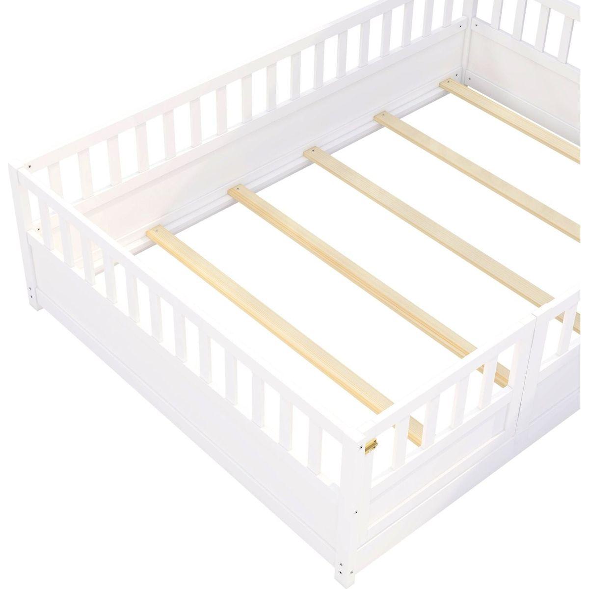 Full size Floor bed, integral construction with super high security barrier, door, children's floor bed frame, Montessori wooden children's floor bed, Support slat white - Streamdale Furniture