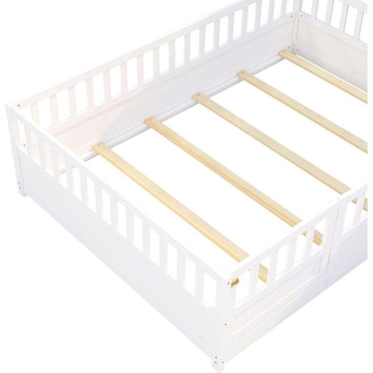 Full size Floor bed, integral construction with super high security barrier, door, children's floor bed frame, Montessori wooden children's floor bed, Support slat white - Streamdale Furniture