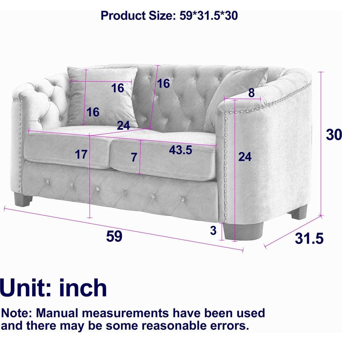 59-Inch Modern Chesterfield Velvet Sofa, 2-Seater Sofa, Upholstered Tufted Backrests with Nailhead Arms and 2 Cushions for Living Room, Bedroom, Apartment, Office (Grey)