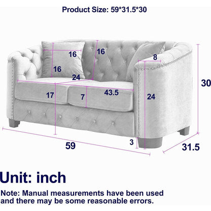 59-Inch Modern Chesterfield Velvet Sofa, 2-Seater Sofa, Upholstered Tufted Backrests with Nailhead Arms and 2 Cushions for Living Room, Bedroom, Apartment, Office (Grey)