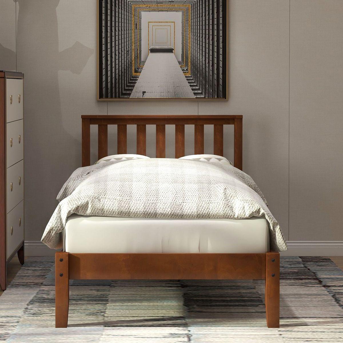 Wood Platform Bed with Headboard/Wood Slat Support Twin (Walnut)