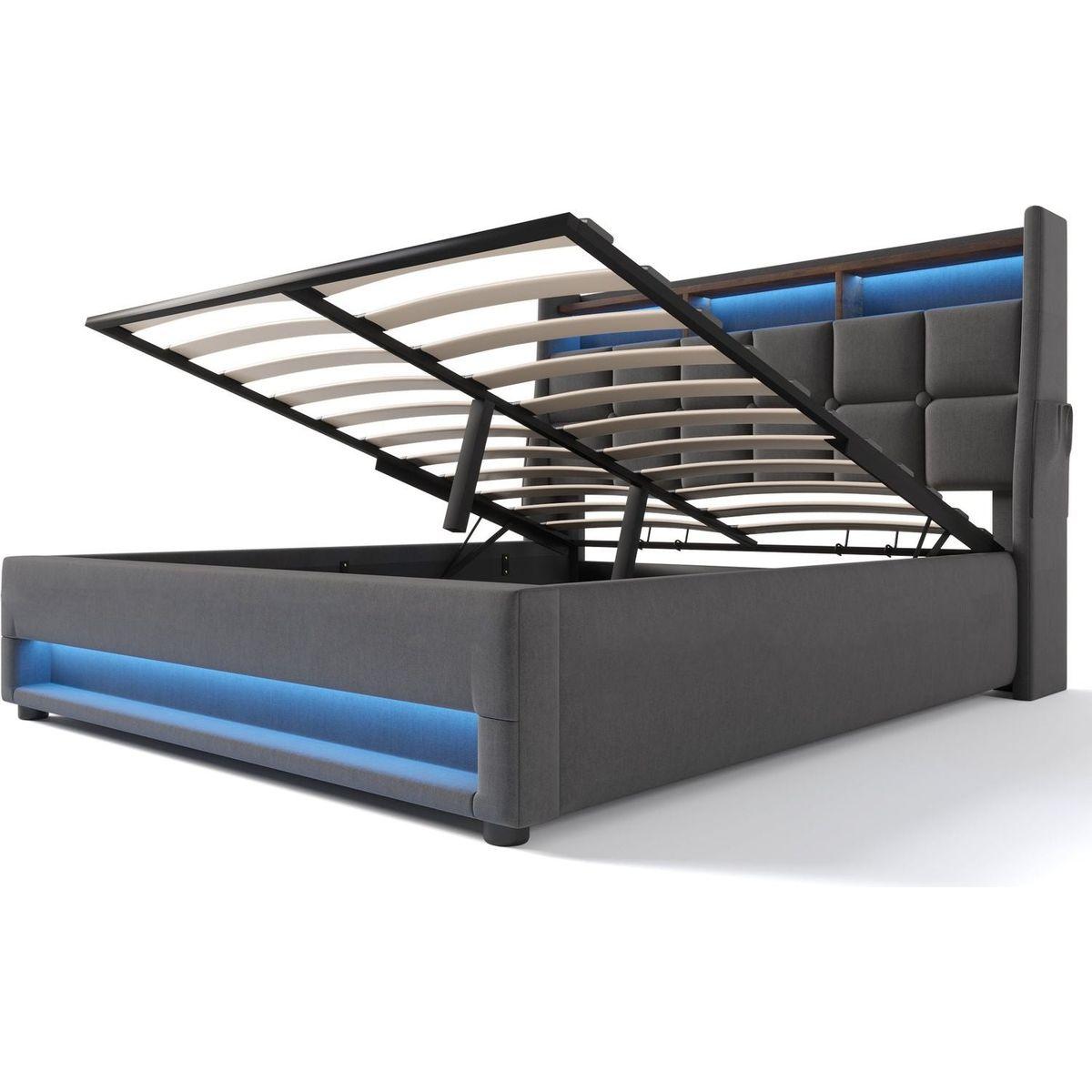 Full size Upholstered Platform bed with a Hydraulic Storage System, LED and USB Charging, Grey (without mattress)