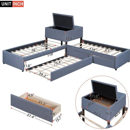 L-shaped Upholstered Platform Bed with Trundle and Two Drawers Linked with built-in Desk,Twin,Gray