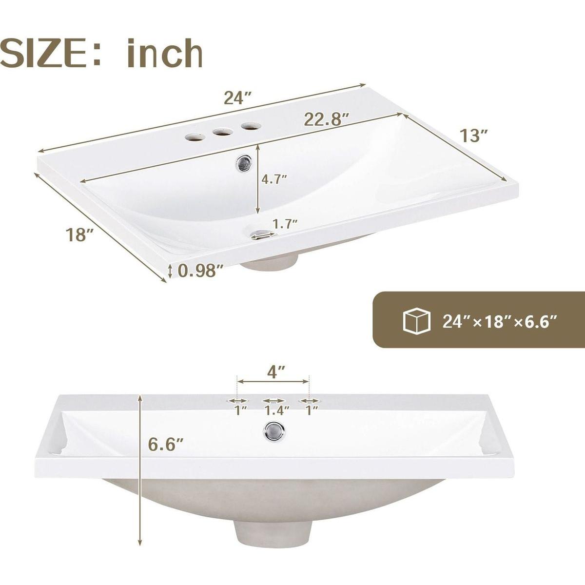 24" Bathroom Vanity with Ceramic Basin, Rattan Bathroom Storage Cabinet with Two Doors and Drawer, Solid Frame, Natural