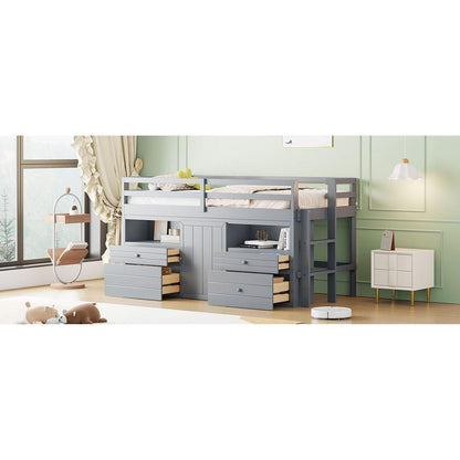 Twin Size Loft Bed with 4 Drawers, Underneath Cabinet and Shelves, Gray