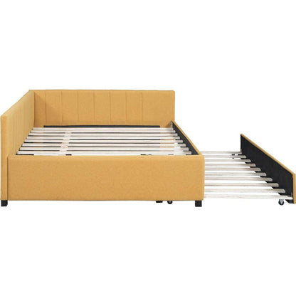 Full Size Upholstered Daybed with Trundle Sofa Bed Frame No Box Spring Needed, Linen Fabric(Yellow)