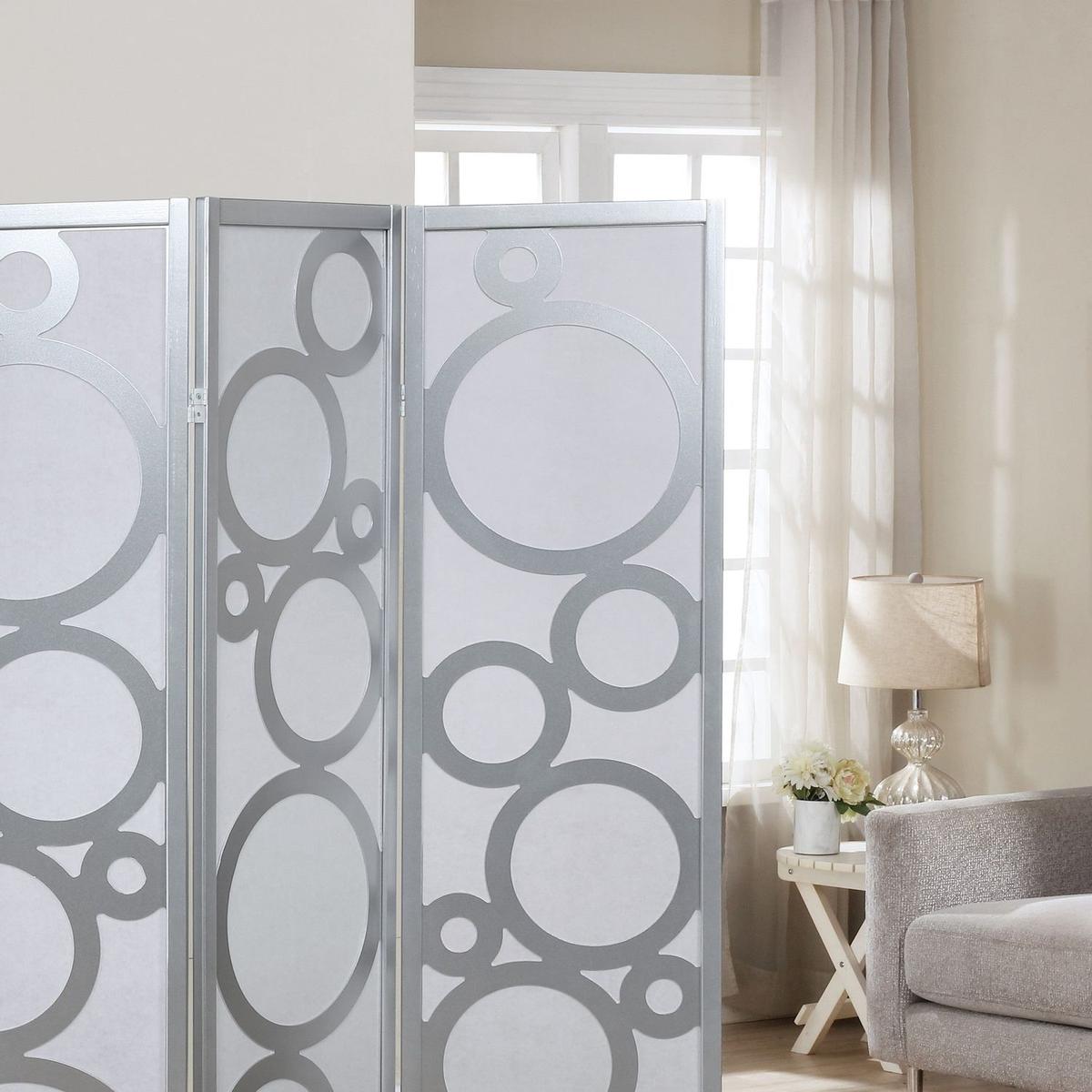 Arvada 4-Panel Wood Room Divider with Circle Pattern, Silver