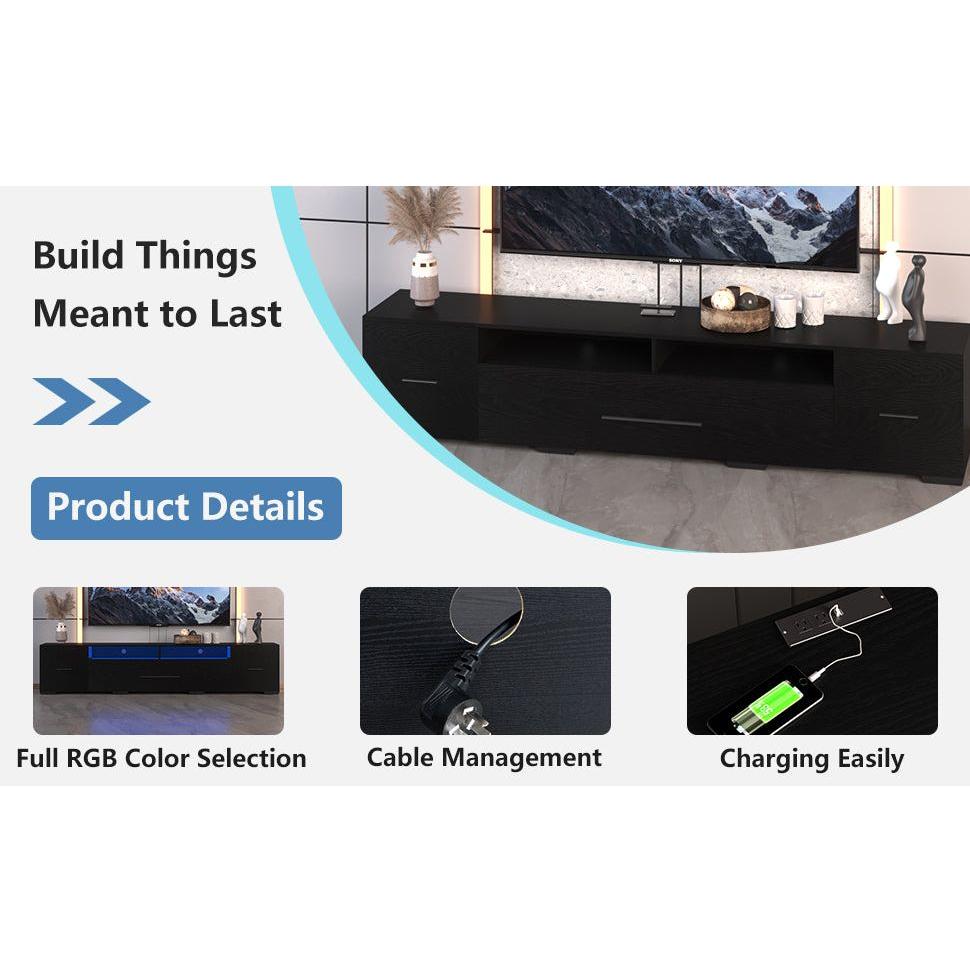 TV Console with Storage Cabinets, Remote, APP Control Long LED TV Stand, Full RGB Color Selection, 31 Modes Changing Lights Modern Entertainment Center with Power Cord (Black, for 80 inches)