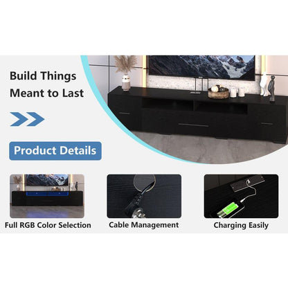 TV Console with Storage Cabinets, Remote, APP Control Long LED TV Stand, Full RGB Color Selection, 31 Modes Changing Lights Modern Entertainment Center with Power Cord (Black, for 80 inches)