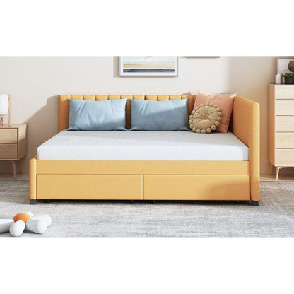 Full Size Upholstered Daybed with 2 Storage Drawers Sofa Bed Frame No Box Spring Needed, Linen Fabric (Yellow)