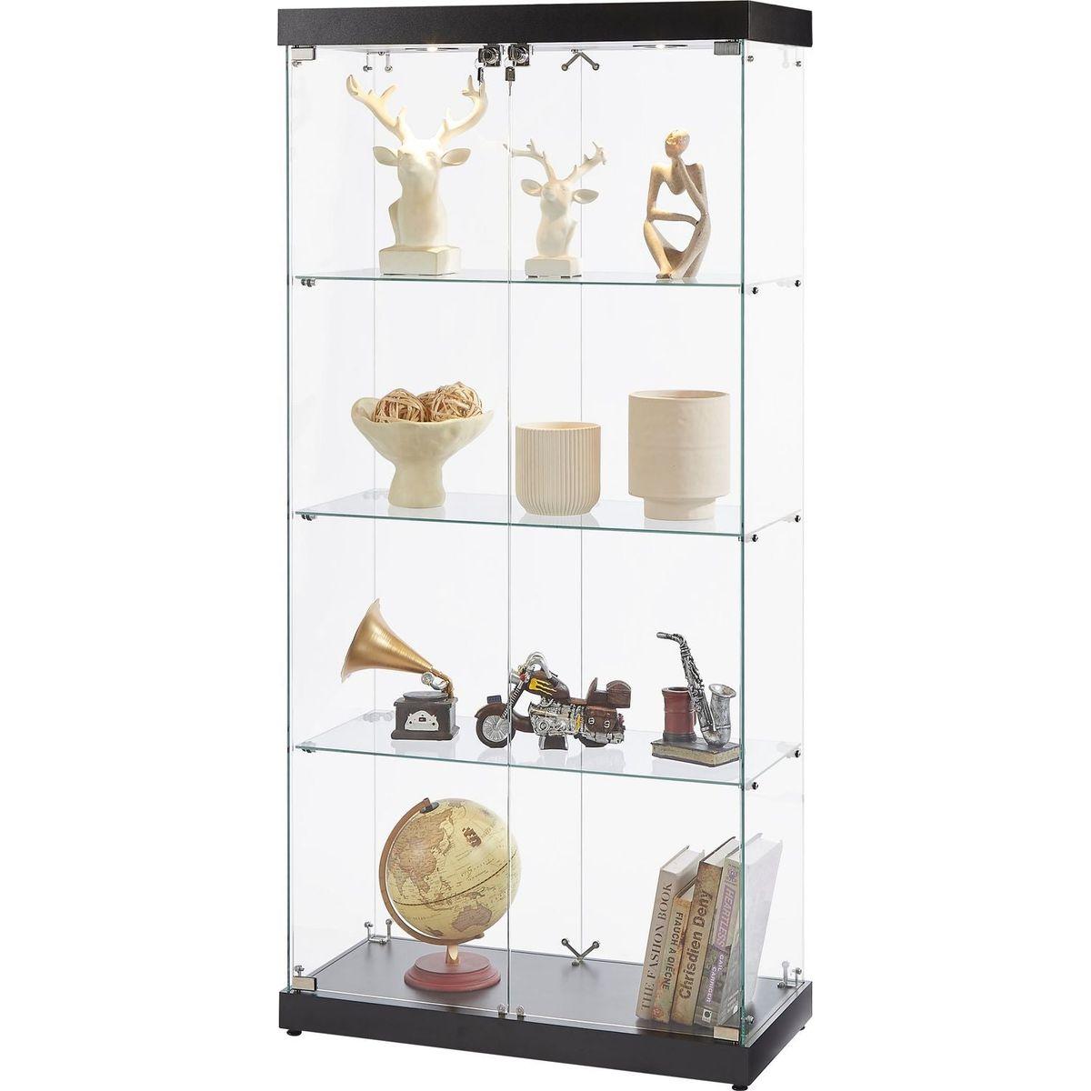 4-Tier Glass Display Cabinet, Double Door Glass Cabinet, Four Partitions, Two Locks, Floor Standing Storage Cabinet for Living Room, Bedroom, Showroom and Office, Black, 31.5"L x 14.2"W x 66.3"H
