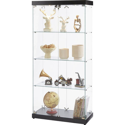 4-Tier Glass Display Cabinet, Double Door Glass Cabinet, Four Partitions, Two Locks, Floor Standing Storage Cabinet for Living Room, Bedroom, Showroom and Office, Black, 31.5"L x 14.2"W x 66.3"H