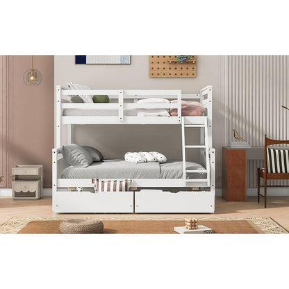 Twin over Full Bunk Bed with Ladder, Two Storage Drawers, Safety Guardrail, White