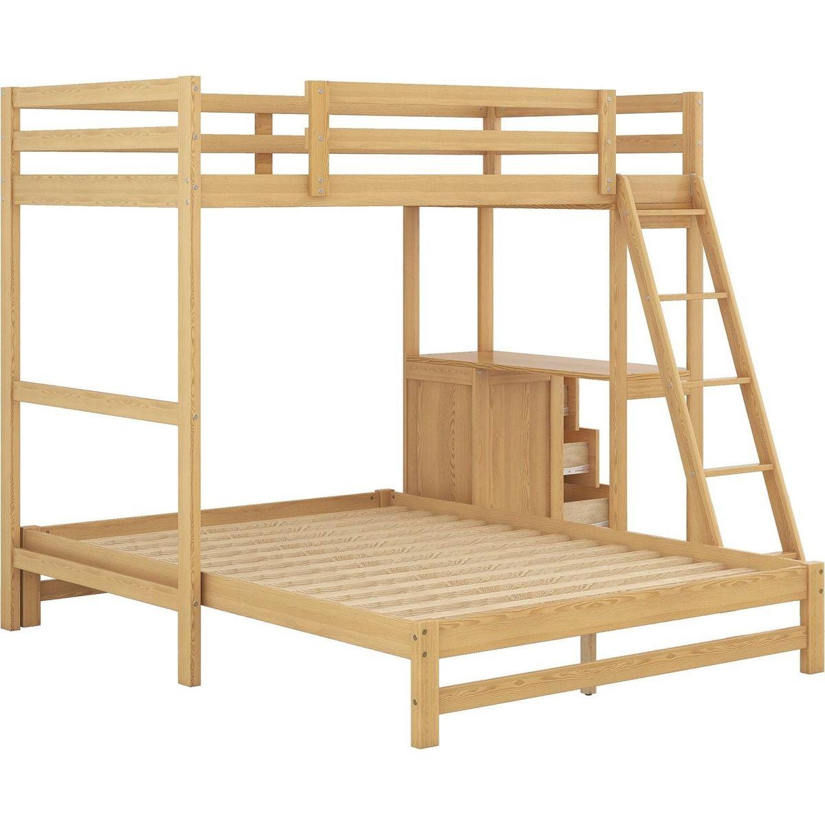 Twin over Full Bunk Bed with Built-in Desk and Three Drawers,Natural
