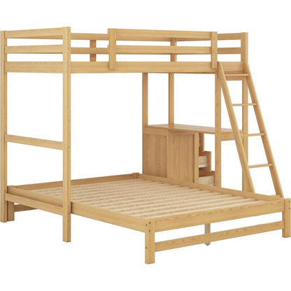 Twin over Full Bunk Bed with Built-in Desk and Three Drawers,Natural
