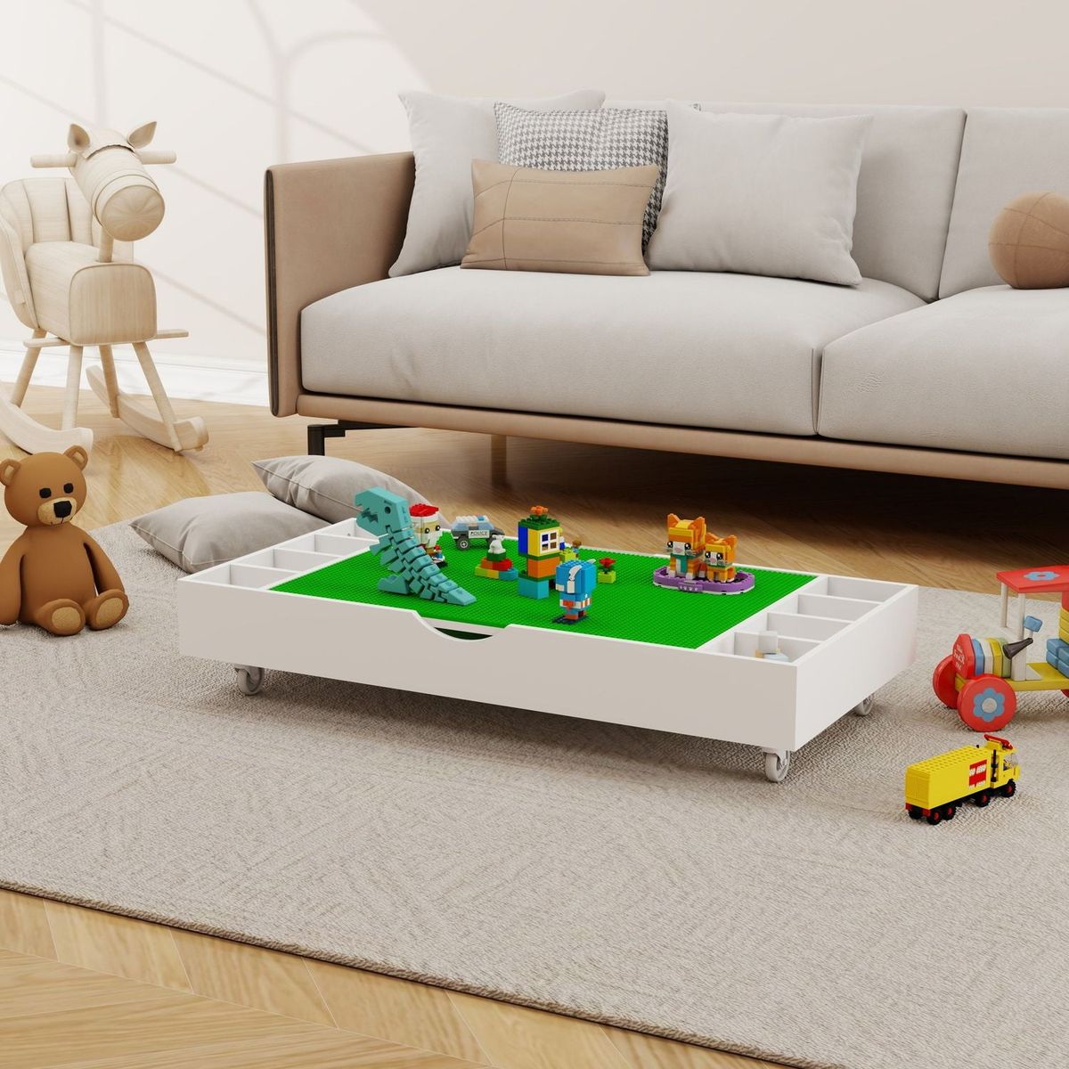The 2 in 1 Rollaway Play Table and Toy Organizer Compatible with Lego Suitable for Storing Under Bed or Sofa-White (38" x 18.7" x 5.9") - Streamdale Furniture