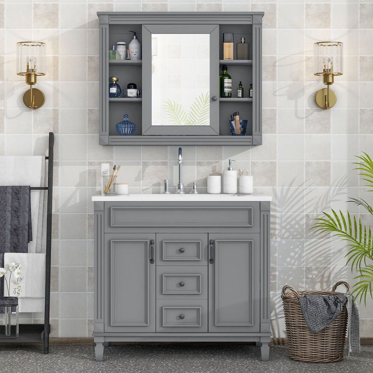 36" Bathroom Vanity with Top Sink, Grey Mirror Cabinet, Modern Bathroom Storage Cabinet with 2 Soft Closing Doors and 2 Drawers, Single Sink Bathroom Vanity