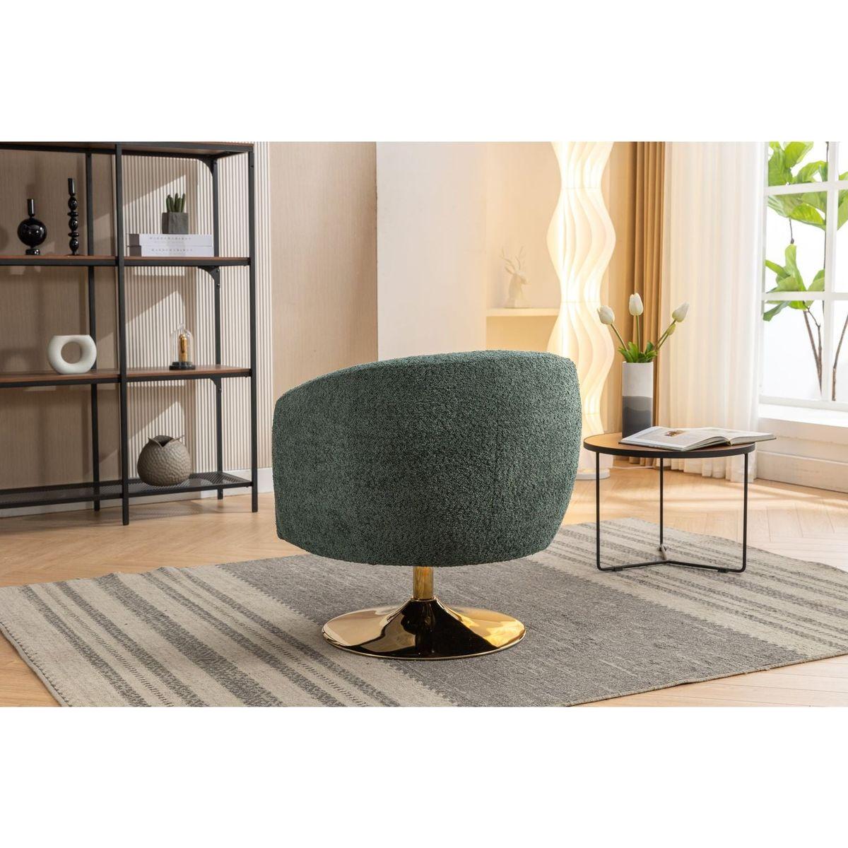 Chenille Fabric Accent Swivel Chair With Gold Metal Round Base,Green