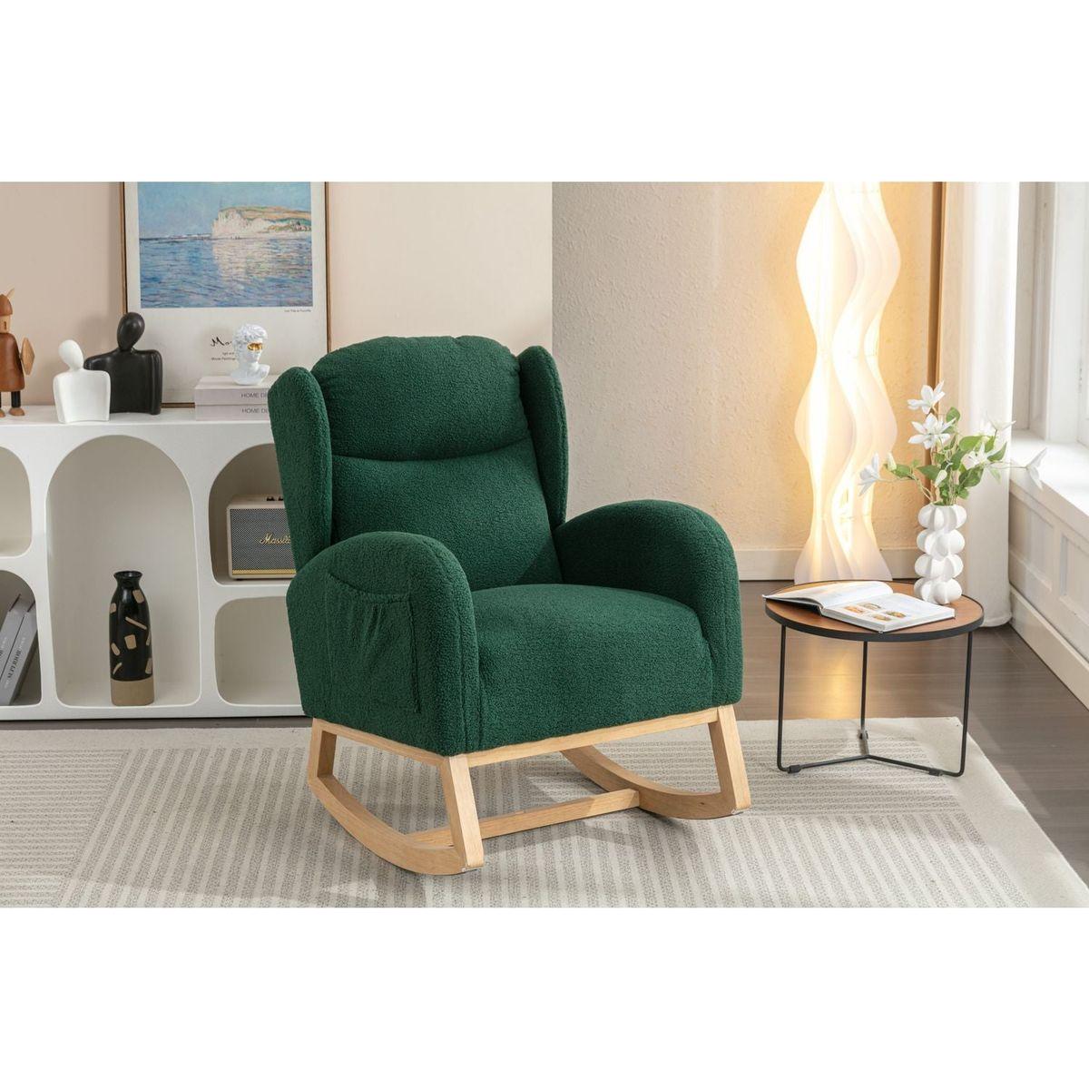 Teddy Fabric Rocking Chair With Packet Wood Legs,Green