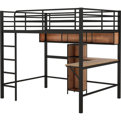 Full Size Metal & Wood Loft Bed with L -shaped desk and shelves, Black and Brown