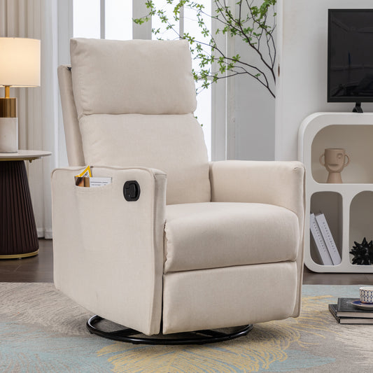 Cotton Linen Fabric Swivel Rocking Chair Glider Rocker Recliner Nursery Chair With Adjustable Back And Footrest For Living Room Indoor,Beige