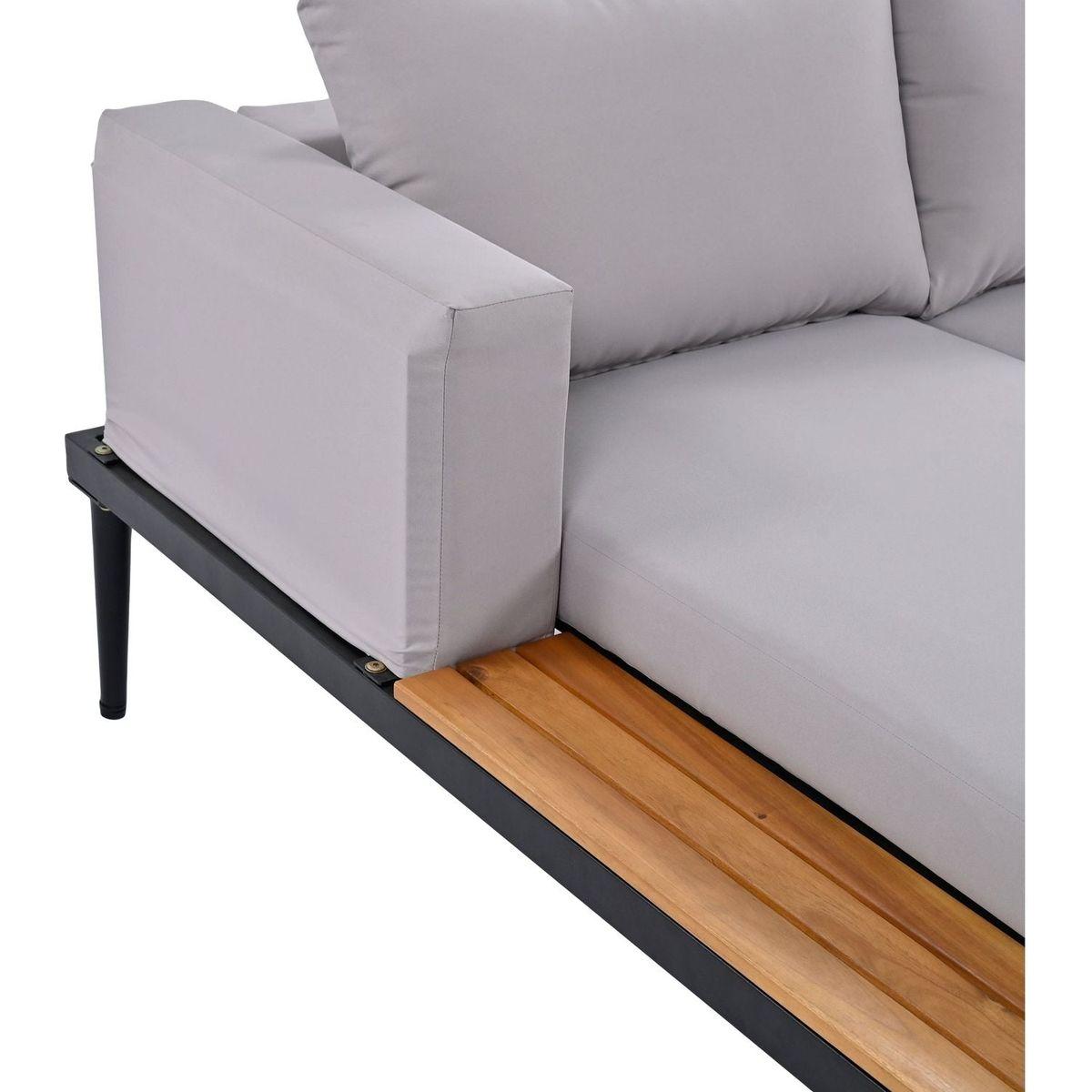 Modern Outdoor Daybed Patio Metal Daybed with Wood Topped Side Spaces for Drinks, 2 in 1 Padded Chaise Lounges for Poolside, Balcony, Deck, Gray