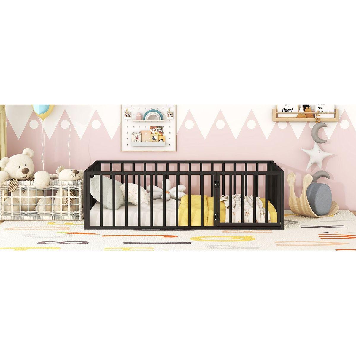 Twin Size Metal Floor Bed Frame with Fence and Door, Black
