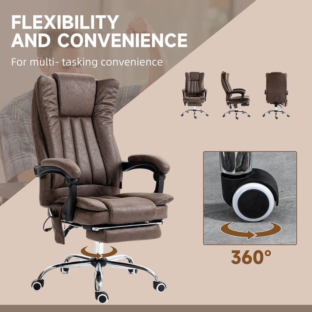 Vinsetto Microfiber Office Chair, High Back Computer Chair with 6 Point Massage, Heat, Adjustable Height and Retractable Footrest, Coffee