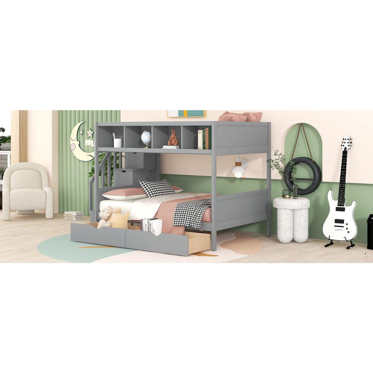 Twin over Full Bunk Bed with Shelfs, Storage Staircase and 2 Drawers, Gray
