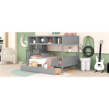 Twin over Full Bunk Bed with Shelfs, Storage Staircase and 2 Drawers, Gray