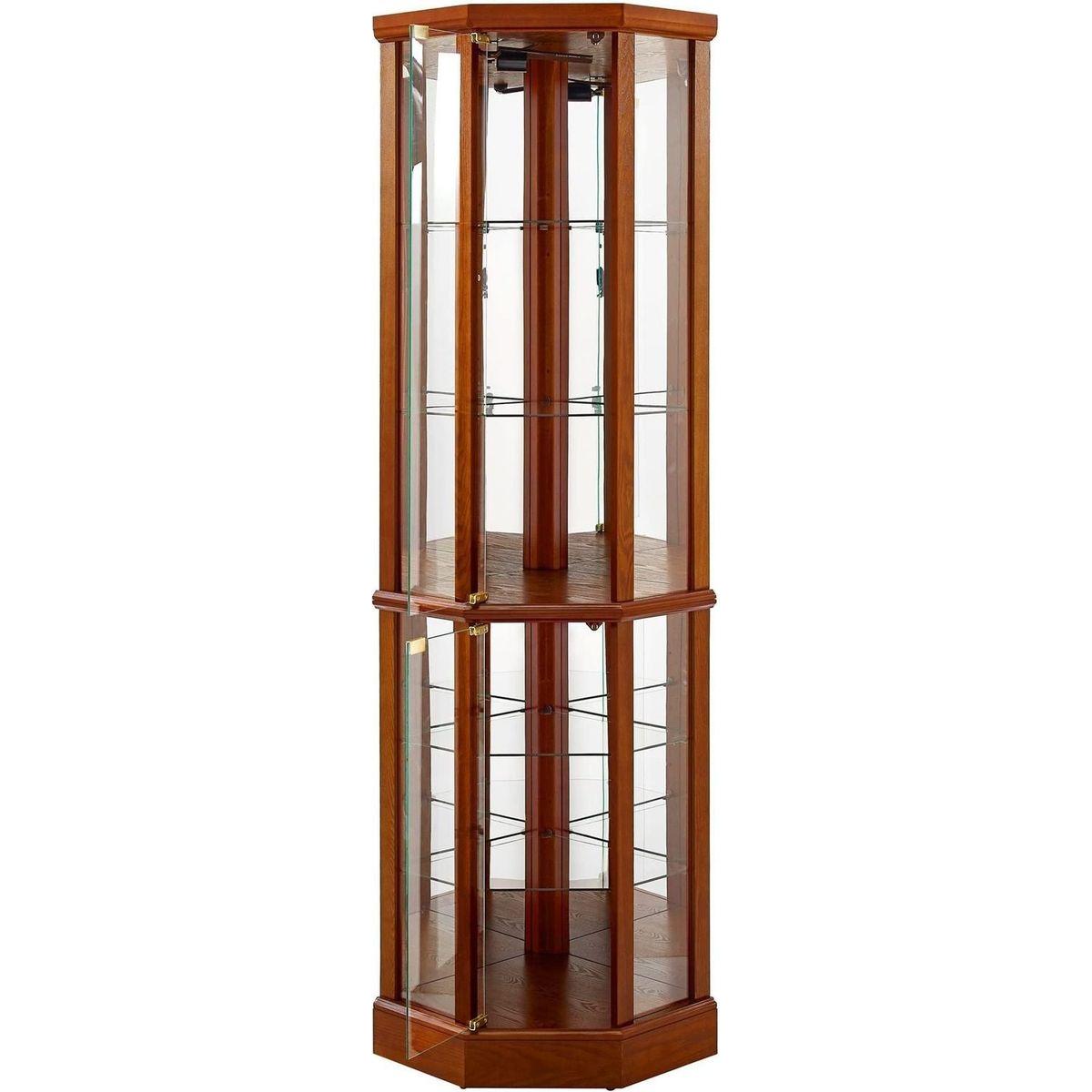 6 Shelf Lighted Corner Curio Cabinet with Adjustable Tempered Glass Shelves and Mirror Back, Oak