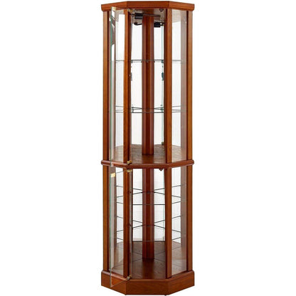 6 Shelf Lighted Corner Curio Cabinet with Adjustable Tempered Glass Shelves and Mirror Back, Oak