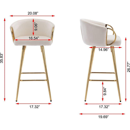 26 Inch Set of 2 Bar Stools,with Chrome Footrest and Base Velvet + Golden Leg Simple Bar Stoo,CREAM