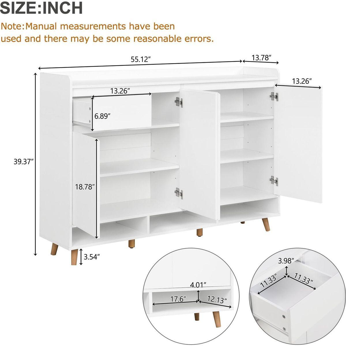 Sleek and Contemporary Shoe Cabinet with Adjustable Shelves, Minimalist Home Organizer with Solid Wood Legs, Storage Sideboard for Entryway, Living Room, White