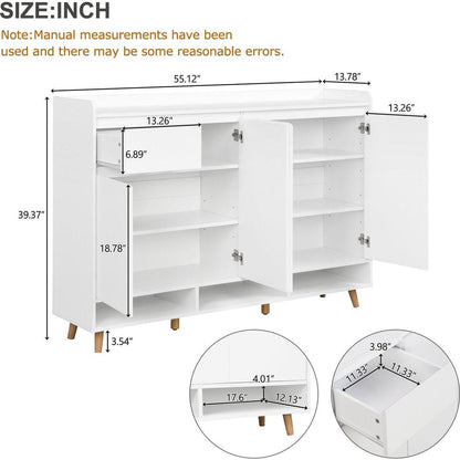Sleek and Contemporary Shoe Cabinet with Adjustable Shelves, Minimalist Home Organizer with Solid Wood Legs, Storage Sideboard for Entryway, Living Room, White