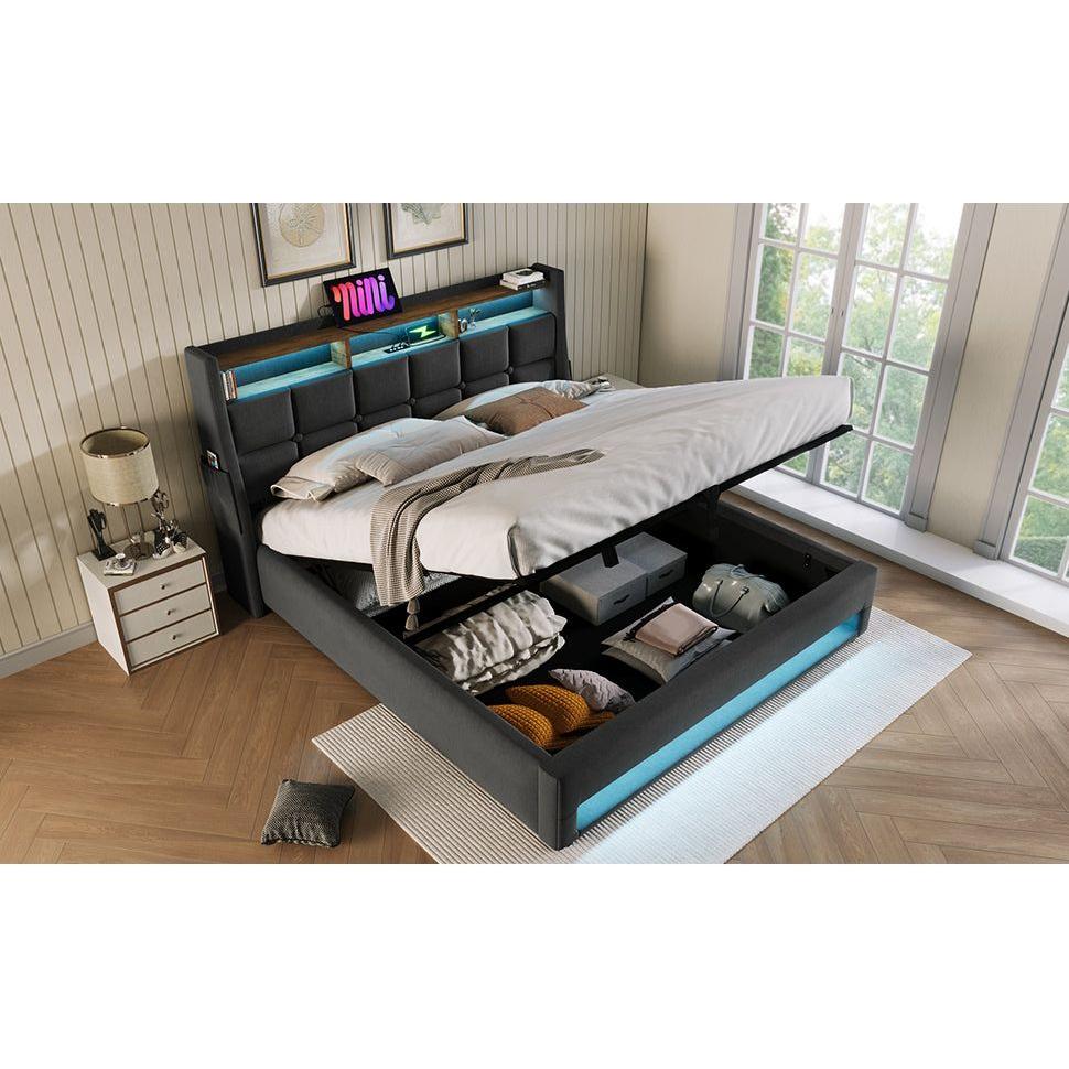 Full size Upholstered Platform bed with a Hydraulic Storage System, LED and USB Charging, Grey (without mattress)