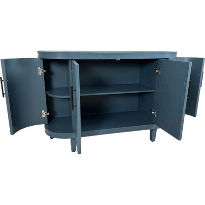 Modern Curved Sideboard 47.2-Inch Decorative Storage Cabinet Wooden Console Table Coffee Bar Cabinet with 4 Doors and Adjustable Interior Shelves for Living Room, Kitchen, Bedroom, Hallway (Blue)