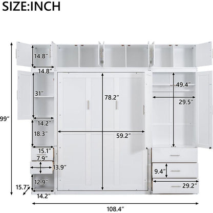 Full Size Murphy Bed with Lockers and Wardrobes, With installation video, White