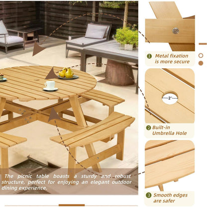 Outdoor 8 Person Picnic Table, 8 person Round Picnic Table with 4 Built-in Benches, Umbrella Hole, Outside Table and Bench Set for Garden, Backyard, Porch, Patio, Natural