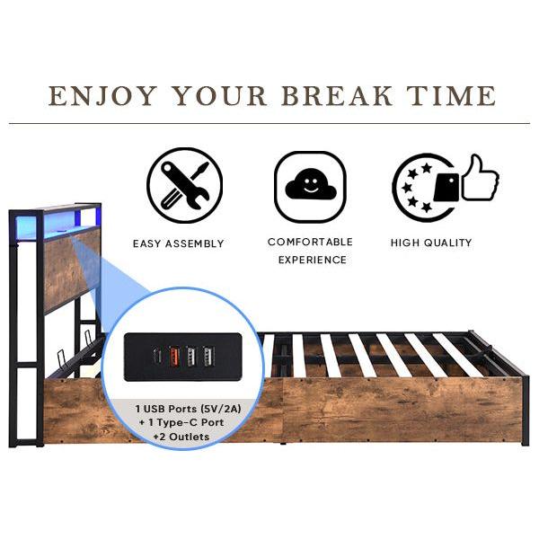 Lift-up Storage Bed Frame, Full Size Bed Frame with Bookcase Headboard & LED Lights, Wooden Platform Bed Frame with Charging Station, No Spring Box Needed, Rustic Brown