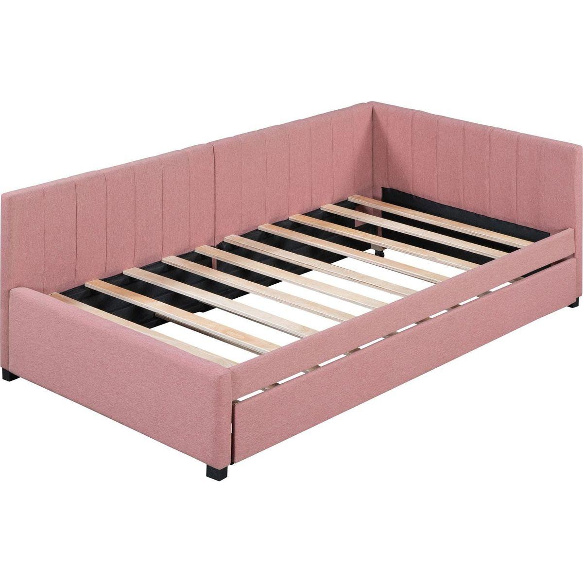 Upholstered Daybed with Trundle Twin Size Sofa Bed Frame No Box Spring Needed, Linen Fabric(Pink)