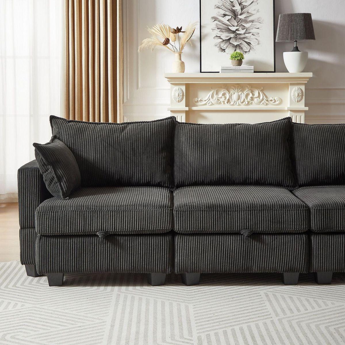 113.5" Modular Sectiona Corduroy Sofa, Sectional Couches for Living Room U Shaped Sectional Couch with Storage Ottoman, 6 Seats Convertible Sectionals with Chaise