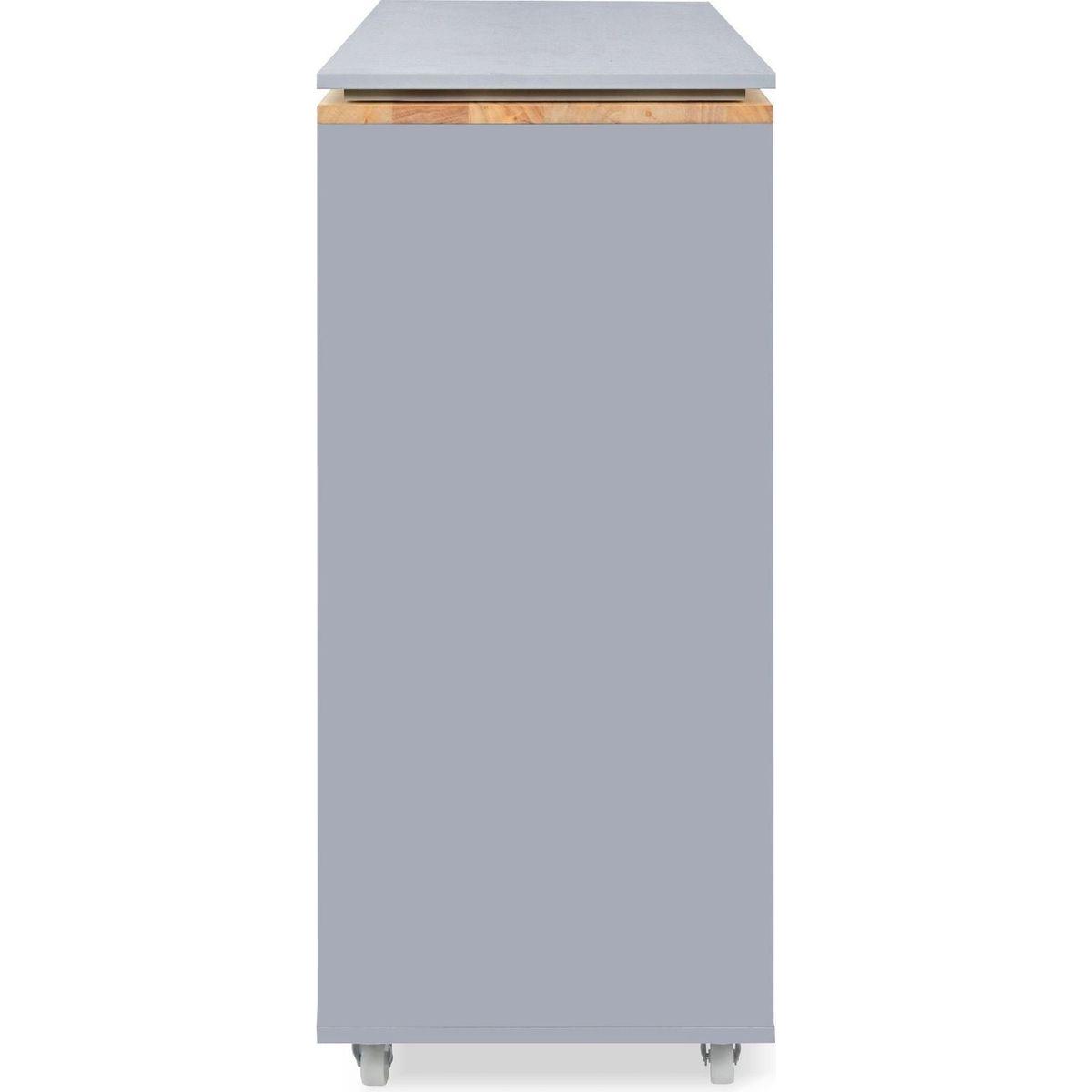 Rolling Kitchen Island With Movable Extended Table, Kitchen Cabinet on Wheels with Power Outlets and 2 Fluted Glass Doors, Kitchen Island with a Storage Compartment and Side 3 Open Shelves, Grey